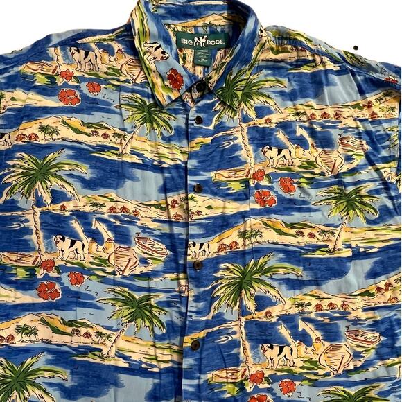 VTG Big Dogs Floral Hibiscus Palm Tree Button up Shirt Hawaiian w/ Pocket Men 3X - Picture 1 of 13